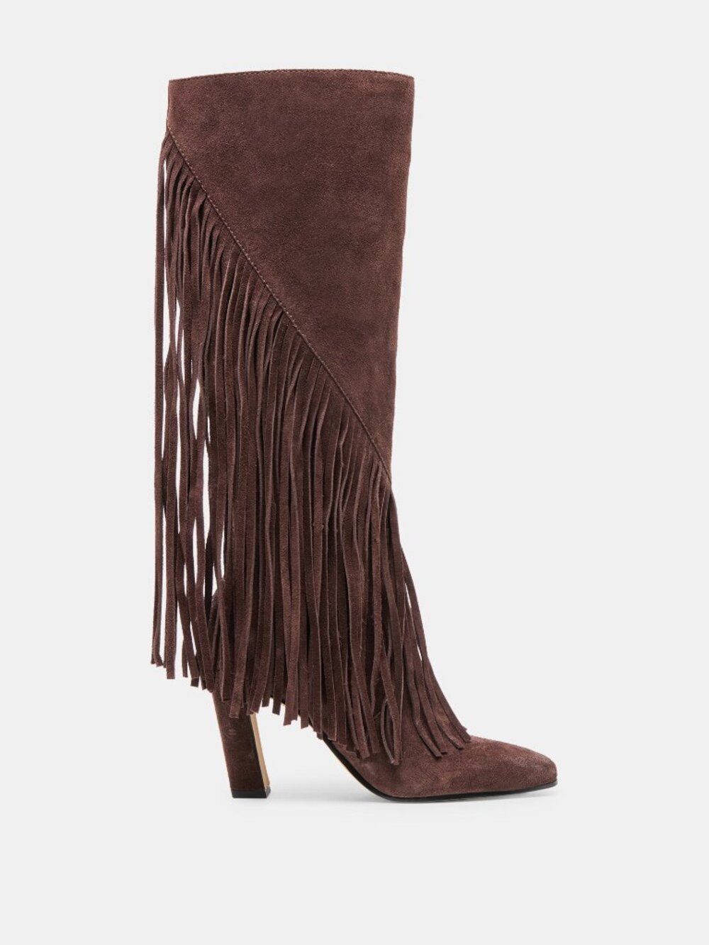 Dolce Vita Giano Boot in Mahogany brown suede fringe leather knee high heel